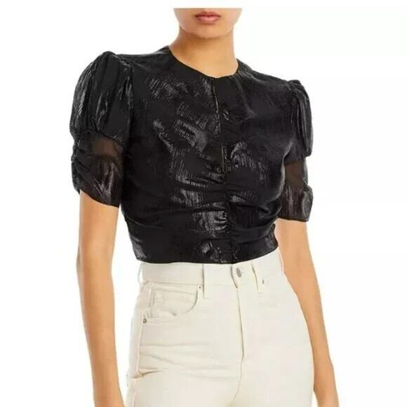 Frame Denim Tops - Frame Ruched Sleeve Keyhole Top Nior Black Size Small